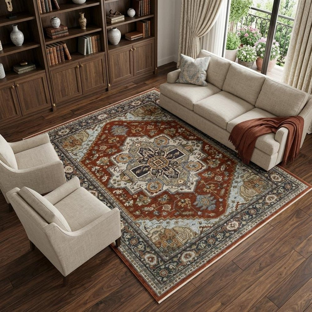 8' X 11' Red And Blue Oriental Area Rug With Fringe