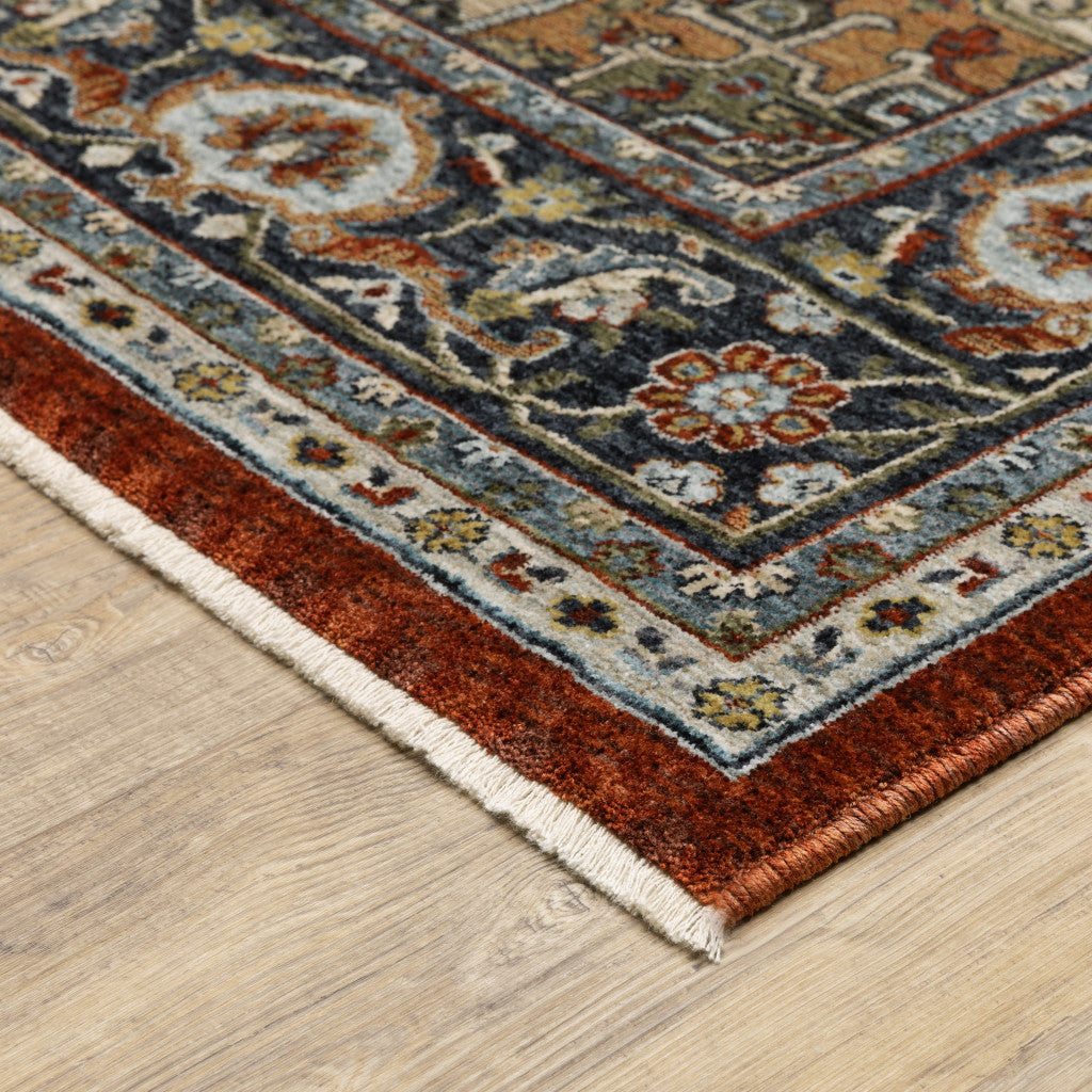 8' X 11' Blue Beige Grey Gold Green And Rust Red Oriental Power Loom Stain Resistant Area Rug With Fringe