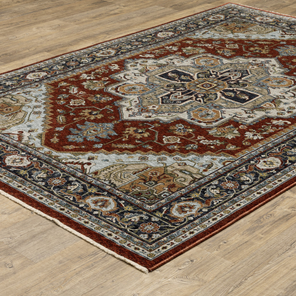 8' X 11' Blue Beige Grey Gold Green And Rust Red Oriental Power Loom Stain Resistant Area Rug With Fringe