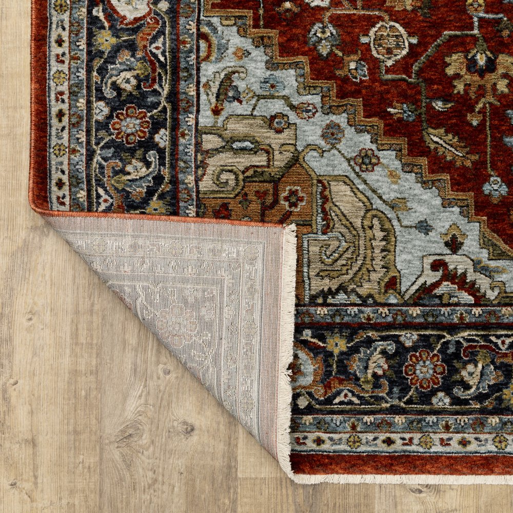 8' X 11' Red And Blue Oriental Area Rug With Fringe