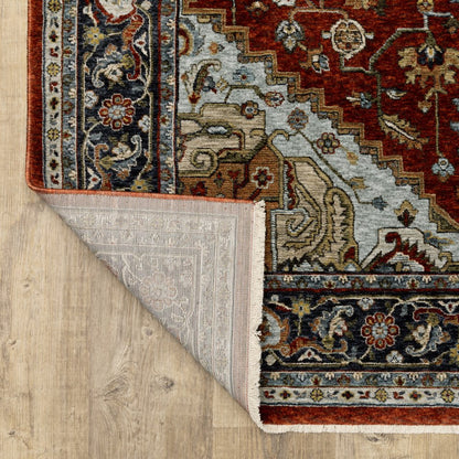 8' X 11' Red And Blue Oriental Area Rug With Fringe