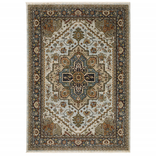 5' X 8' Ivory Beige Blue Orange Gold Green Grey And Rust Oriental Power Loom Stain Resistant Area Rug With Fringe