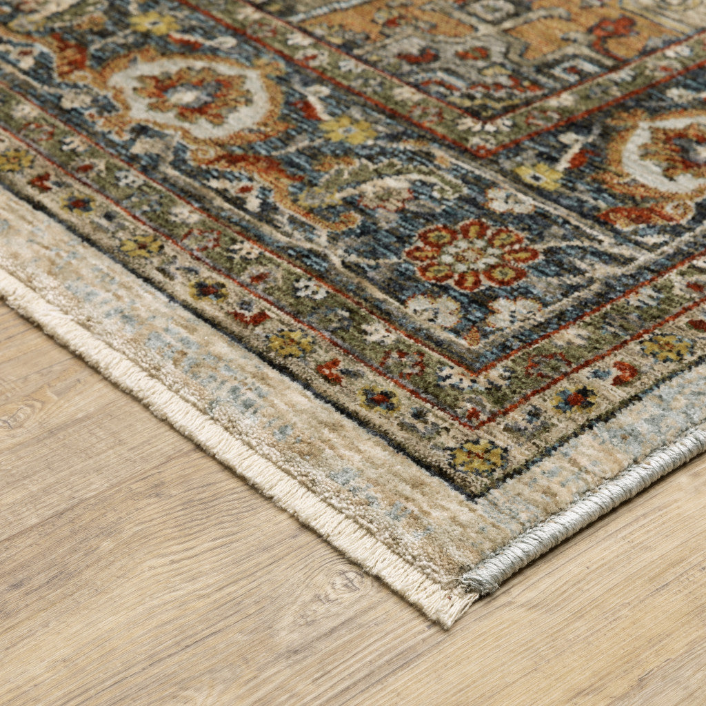 6' X 9' Ivory Beige Blue Orange Gold Green Grey And Rust Oriental Power Loom Stain Resistant Area Rug With Fringe