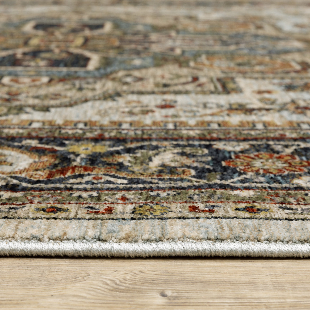 6' X 9' Ivory Beige Blue Orange Gold Green Grey And Rust Oriental Power Loom Stain Resistant Area Rug With Fringe
