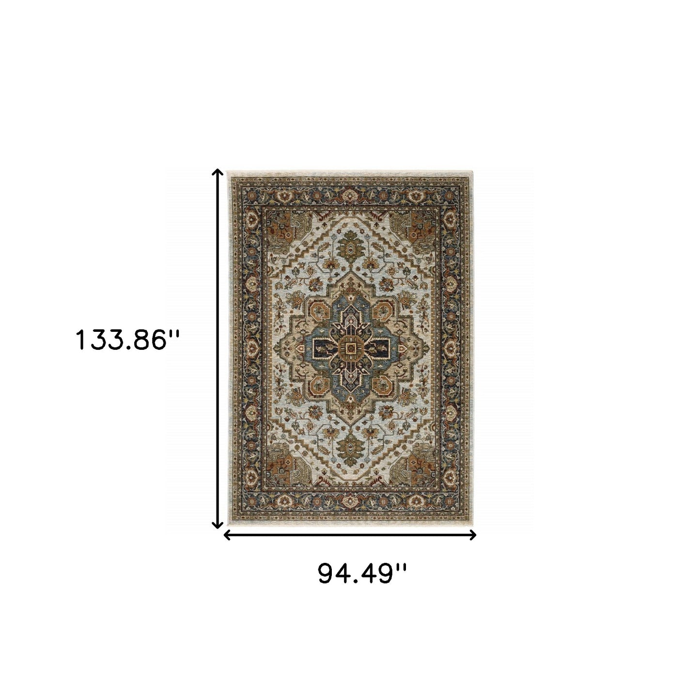 8' X 11' Ivory Beige Blue Orange Gold Green Grey And Rust Oriental Power Loom Stain Resistant Area Rug With Fringe