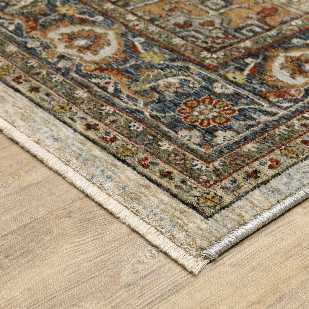 8' X 11' Ivory Beige Blue Orange Gold Green Grey And Rust Oriental Power Loom Stain Resistant Area Rug With Fringe