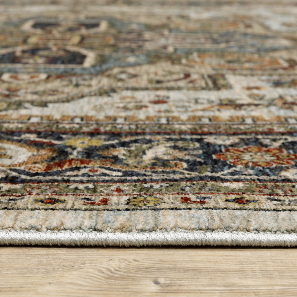 8' X 11' Ivory Beige Blue Orange Gold Green Grey And Rust Oriental Power Loom Stain Resistant Area Rug With Fringe