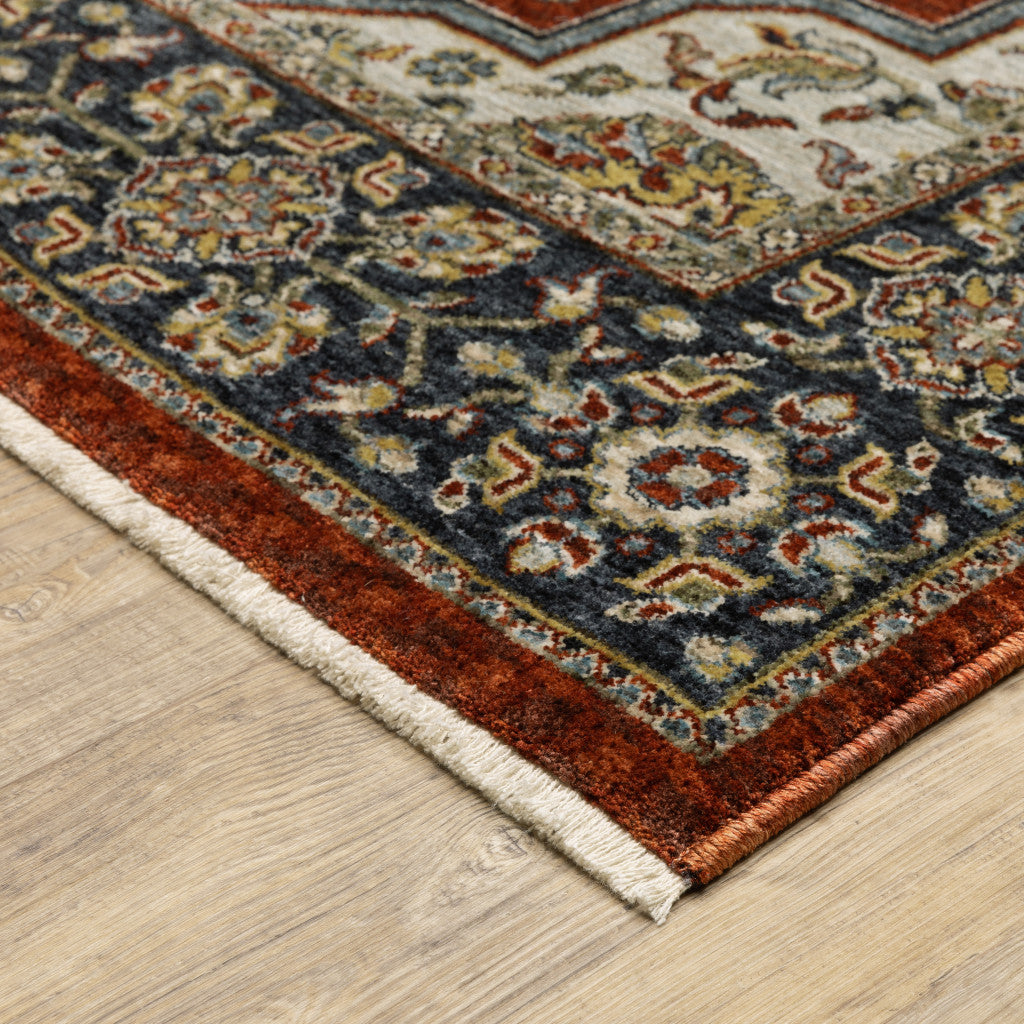 2' X 3' Red Ivory Blue Navy Gold And Grey Oriental Power Loom Stain Resistant Area Rug With Fringe