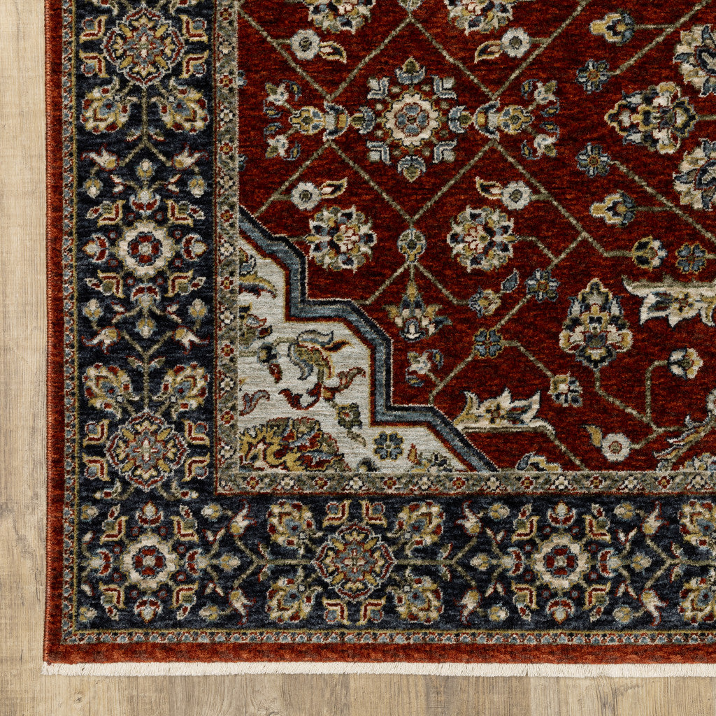 Blue And Red Oriental Power Loom Area Rug With Fringe