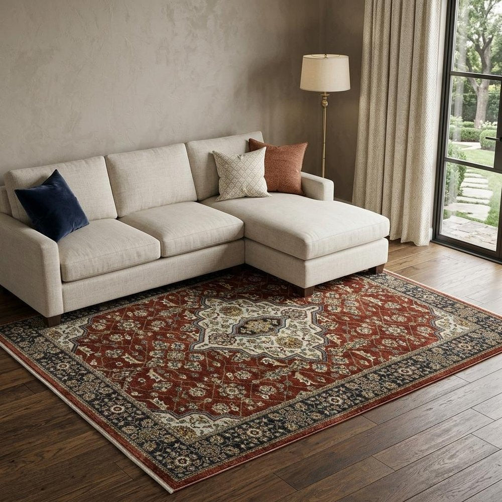 7' X 10' Red And Blue Oriental Area Rug With Fringe