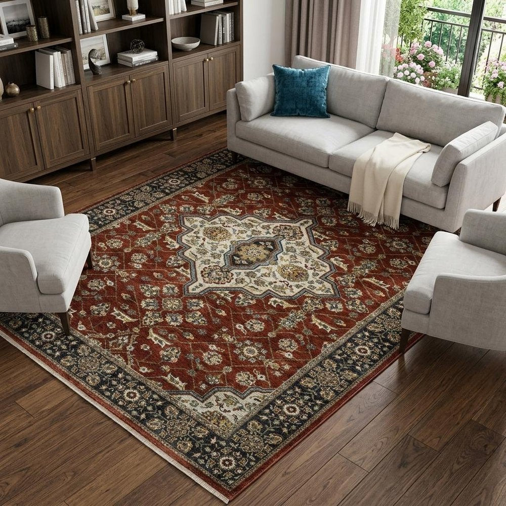 7' X 10' Red And Blue Oriental Area Rug With Fringe