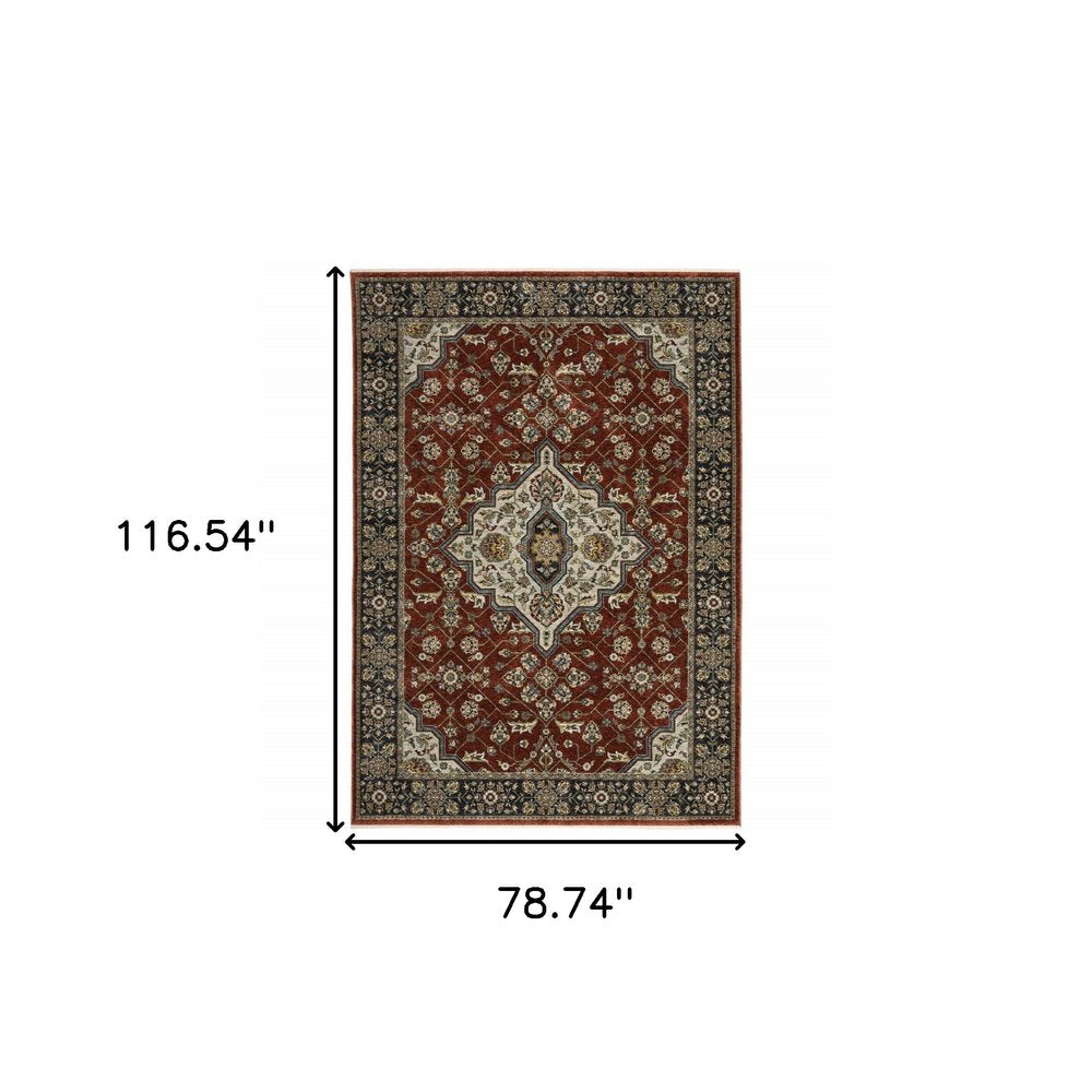 7' X 10' Red And Blue Oriental Area Rug With Fringe