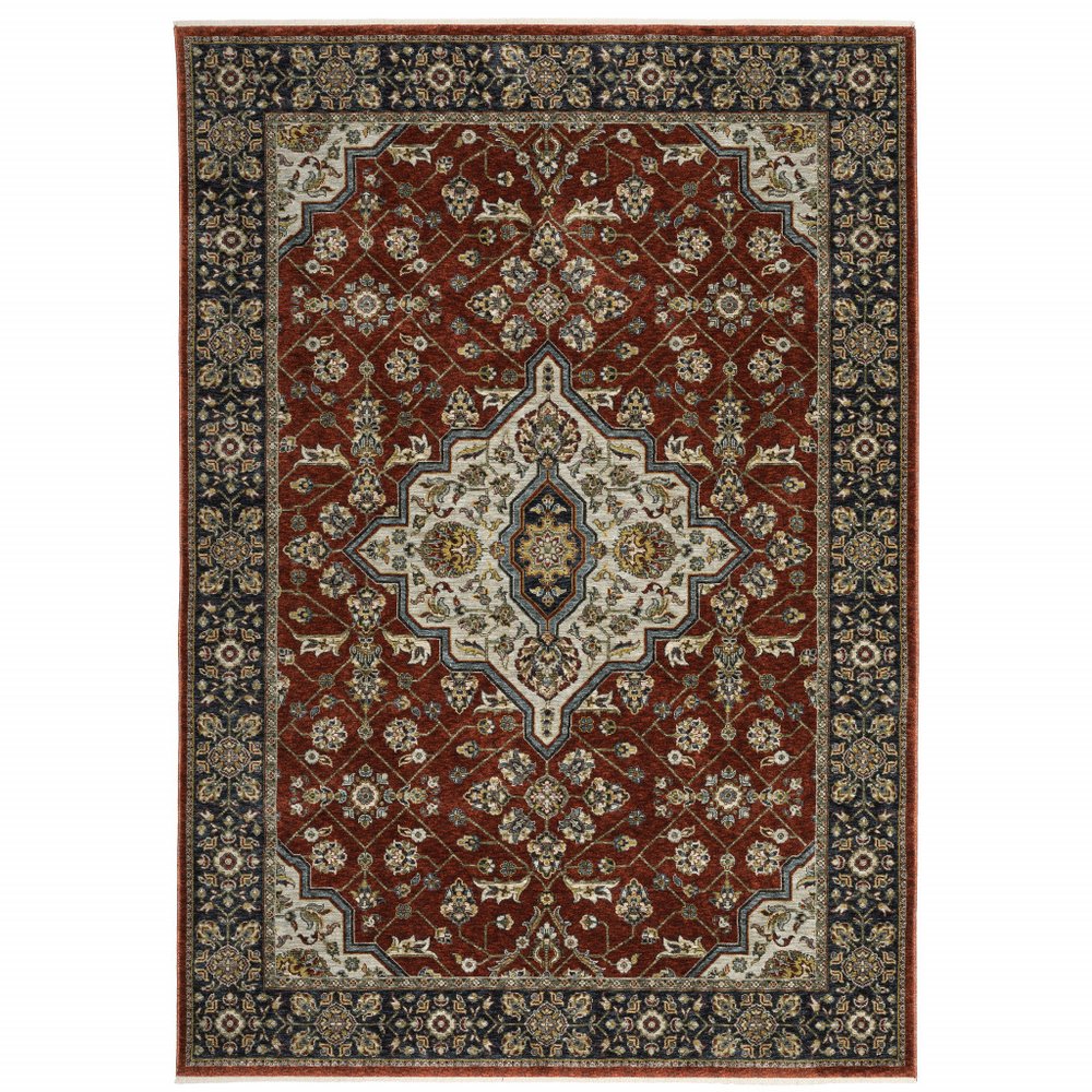 7' X 10' Red And Blue Oriental Area Rug With Fringe