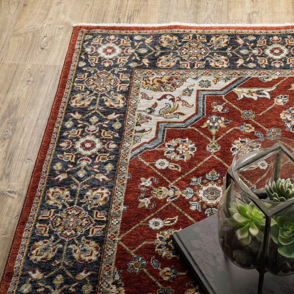 7' X 10' Red And Blue Oriental Area Rug With Fringe