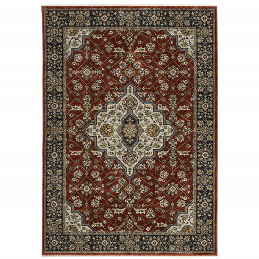 8' X 11' Red Ivory Blue Navy Gold And Grey Oriental Power Loom Stain Resistant Area Rug With Fringe