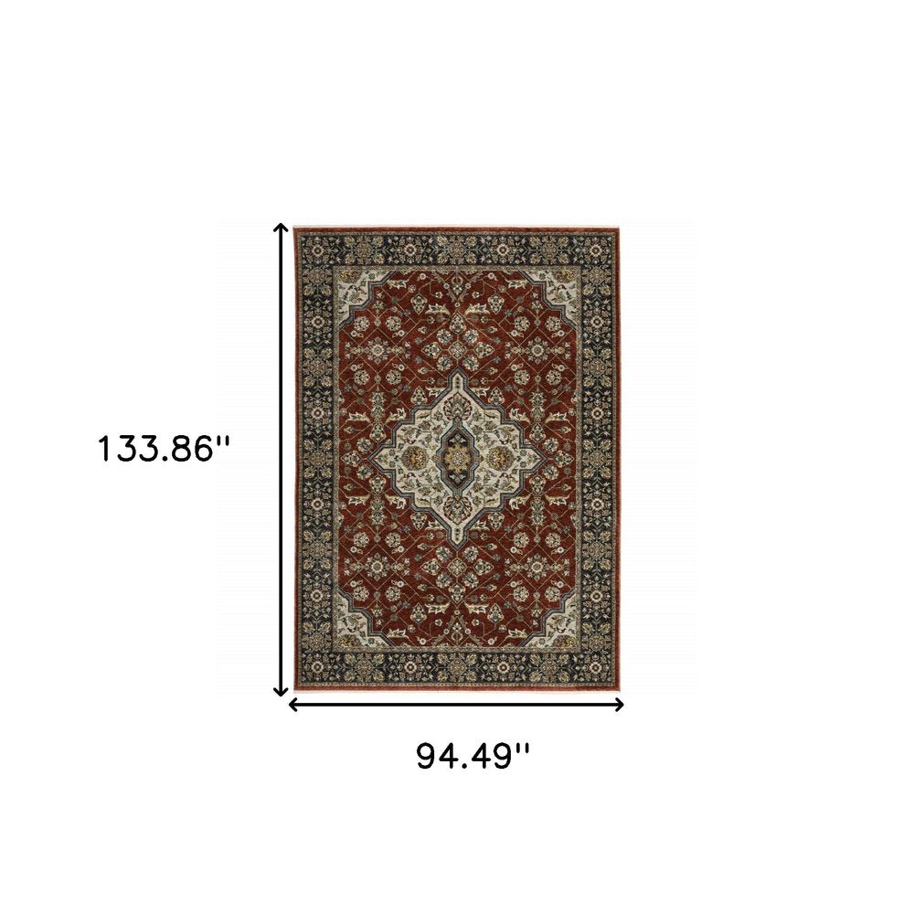 8' X 11' Red And Blue Oriental Area Rug With Fringe