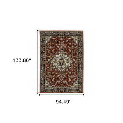 8' X 11' Red And Blue Oriental Area Rug With Fringe