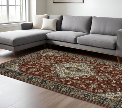 8' X 11' Red And Blue Oriental Area Rug With Fringe