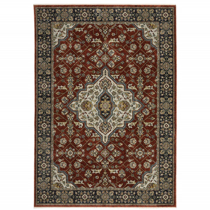 8' X 11' Red And Blue Oriental Area Rug With Fringe