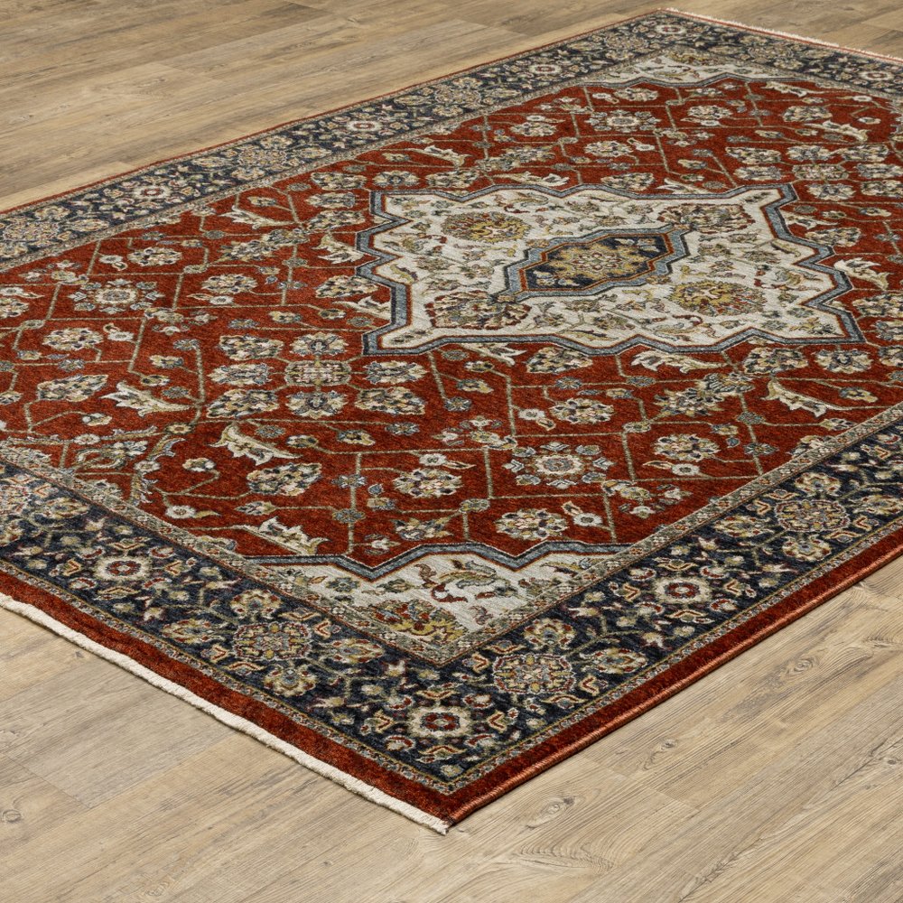 8' X 11' Red And Blue Oriental Area Rug With Fringe