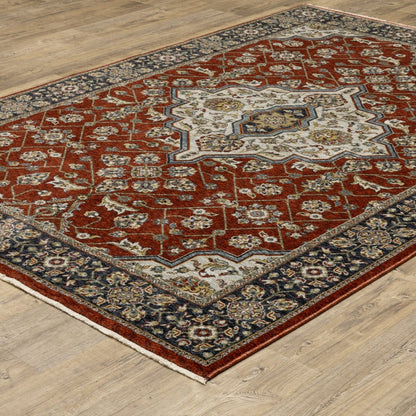8' X 11' Red And Blue Oriental Area Rug With Fringe