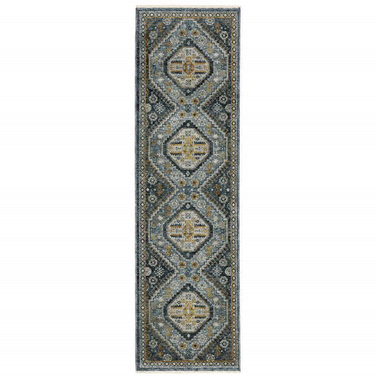 2' X 8' Blue Gold Ivory And Navy Oriental Power Loom Stain Resistant Runner Rug With Fringe