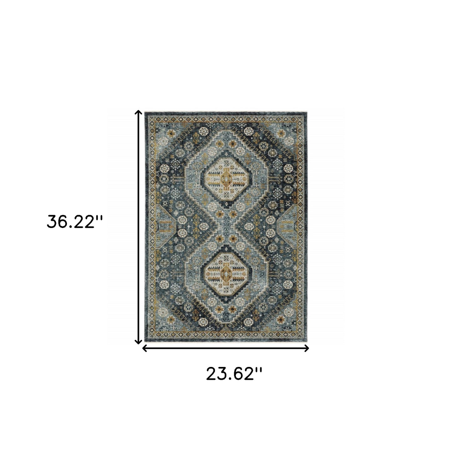 2' X 3' Light Blue Navy Gold Ivory And Grey Oriental Power Loom Stain Resistant Area Rug With Fringe