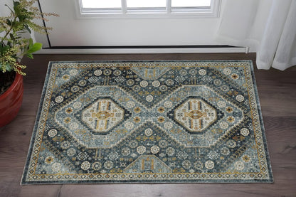 2' X 3' Light Blue Navy Gold Ivory And Grey Oriental Power Loom Stain Resistant Area Rug With Fringe
