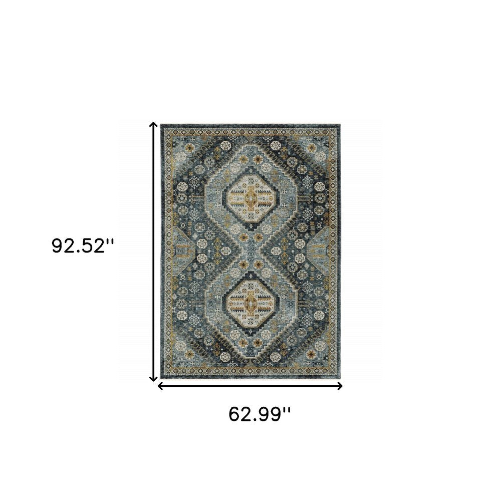 5' X 8' Blue Gold Ivory And Navy Oriental Power Loom Stain Resistant Area Rug With Fringe