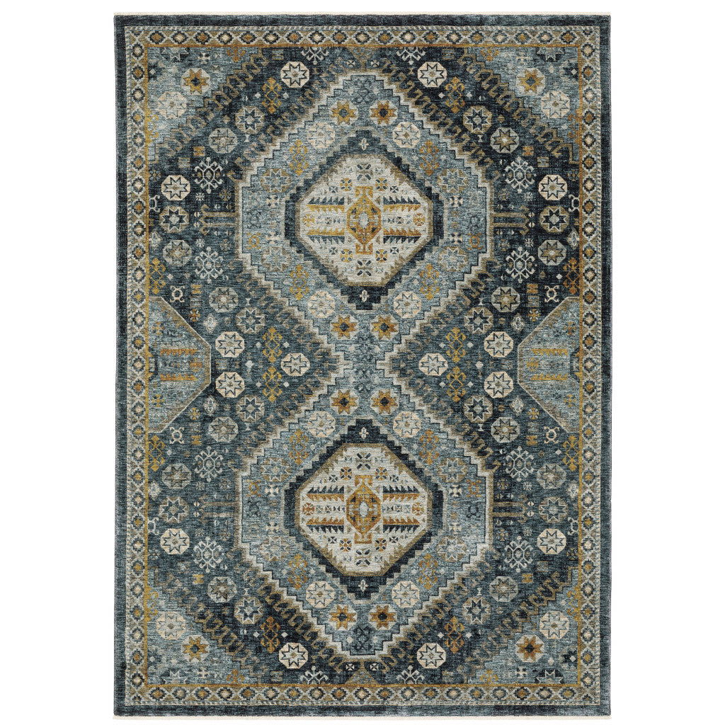 7' X 10' Blue and Ivory Oriental Power Loom Area Rug With Fringe