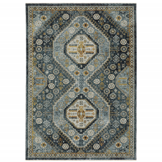 6' X 9' Blue Gold Ivory And Navy Oriental Power Loom Stain Resistant Area Rug With Fringe