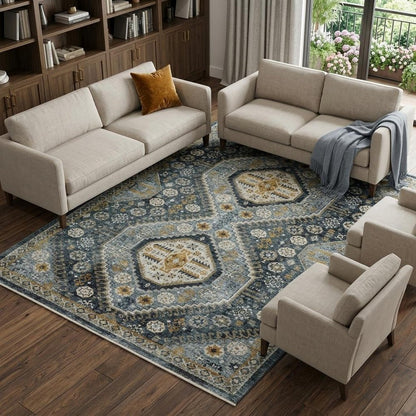 7' X 10' Blue And Gold Oriental Area Rug With Fringe