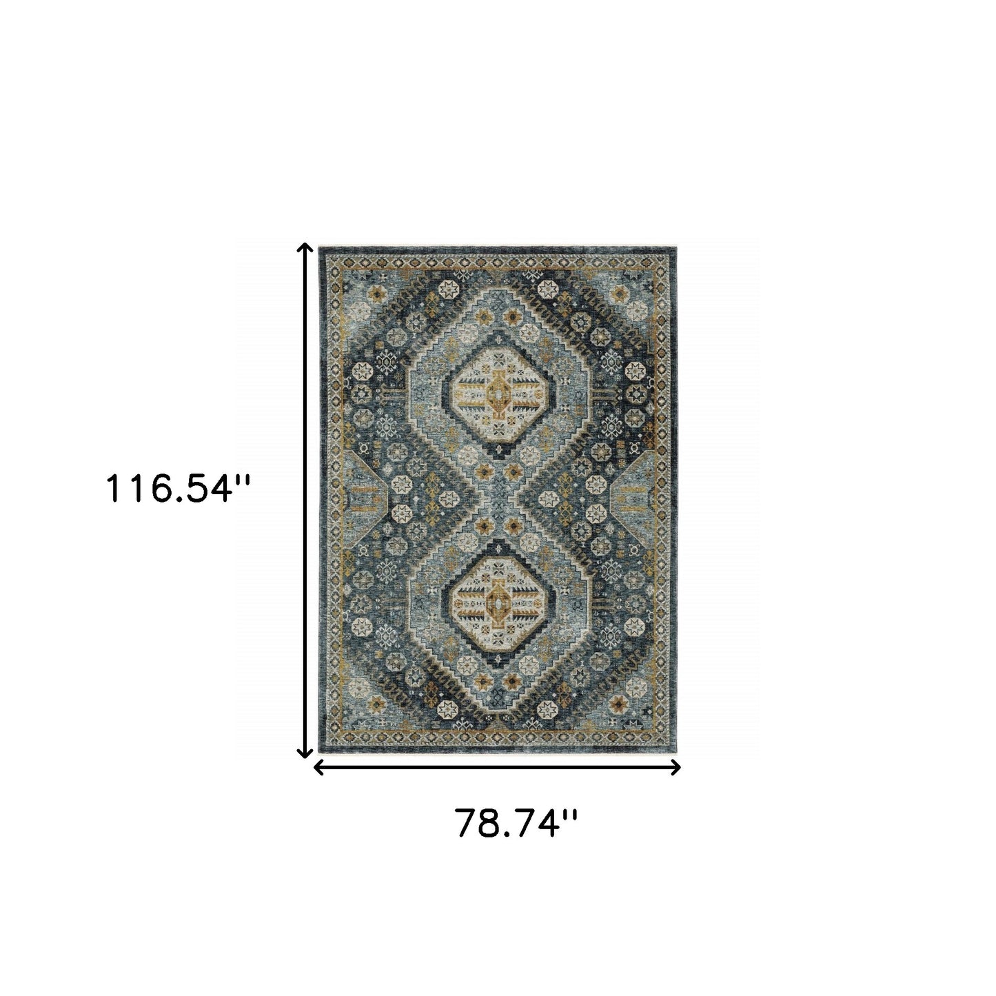 7' X 10' Blue and Ivory Oriental Power Loom Area Rug With Fringe