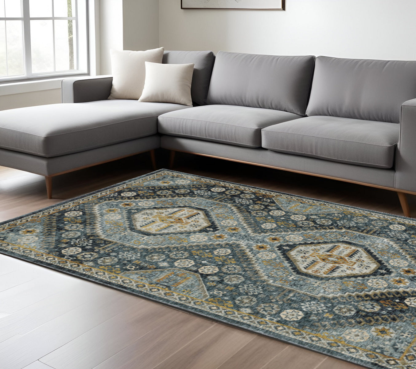 7' X 10' Blue and Ivory Oriental Power Loom Area Rug With Fringe