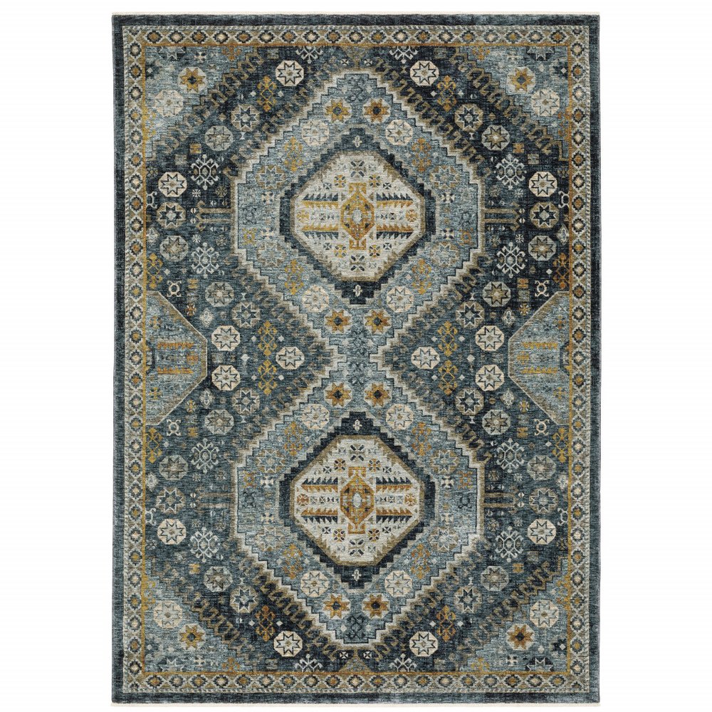 7' X 10' Blue And Gold Oriental Area Rug With Fringe