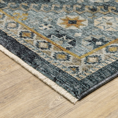 7' X 10' Blue And Gold Oriental Area Rug With Fringe
