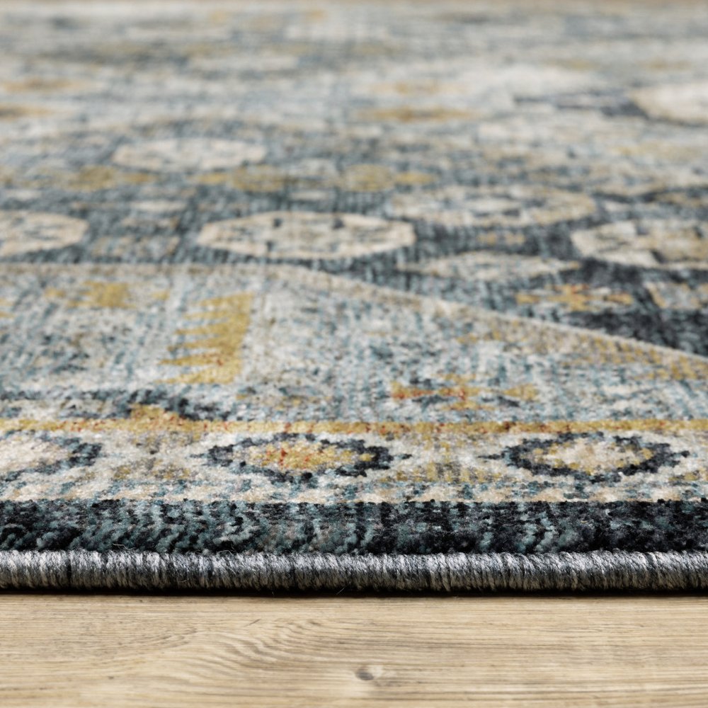 7' X 10' Blue And Gold Oriental Area Rug With Fringe