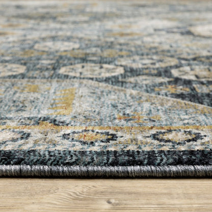7' X 10' Blue And Gold Oriental Area Rug With Fringe