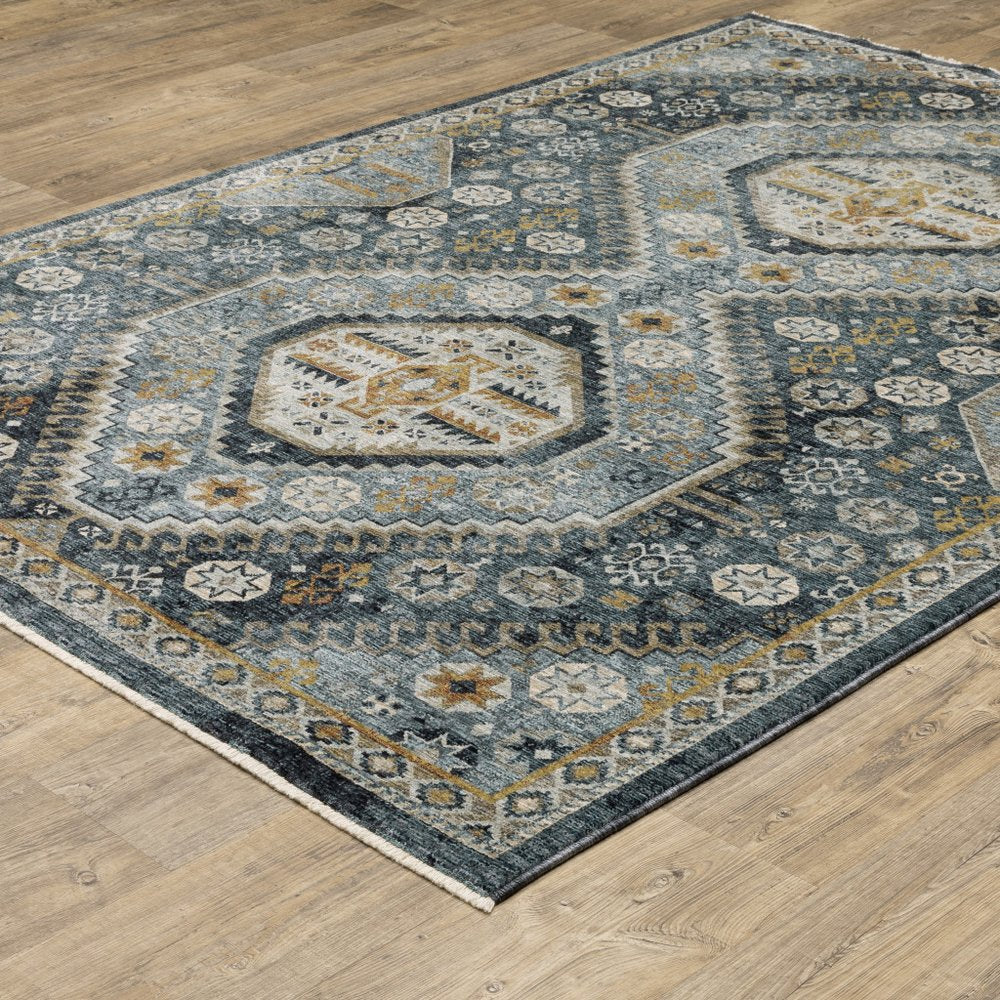 7' X 10' Blue And Gold Oriental Area Rug With Fringe