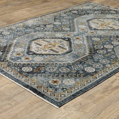 7' X 10' Blue And Gold Oriental Area Rug With Fringe