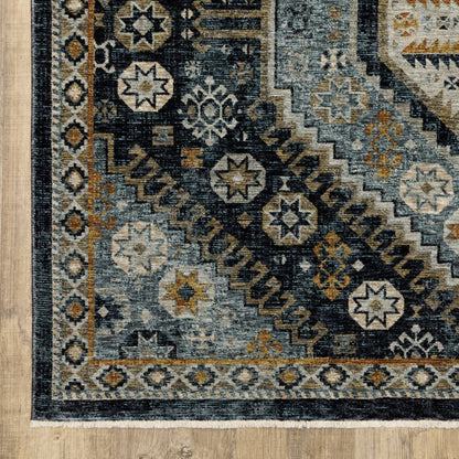 7' X 10' Blue And Gold Oriental Area Rug With Fringe