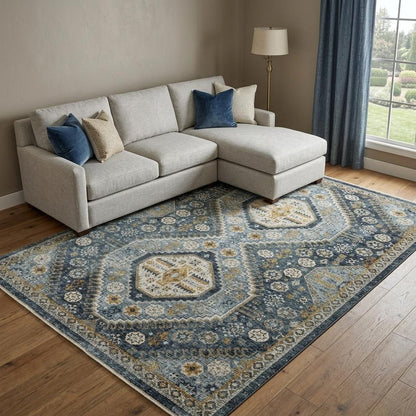 8' X 11' Blue And Gold Oriental Area Rug With Fringe