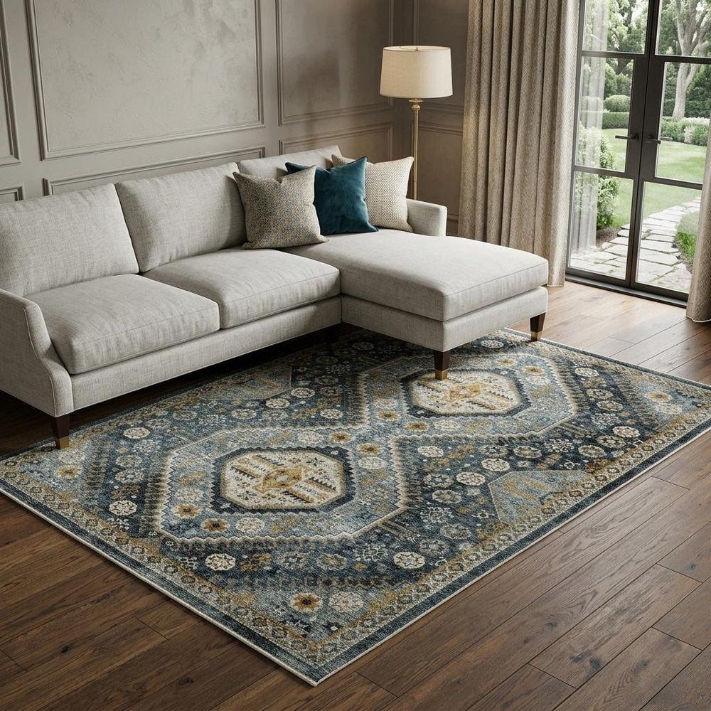 8' X 11' Blue And Gold Oriental Area Rug With Fringe