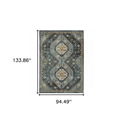 8' X 11' Blue And Gold Oriental Area Rug With Fringe
