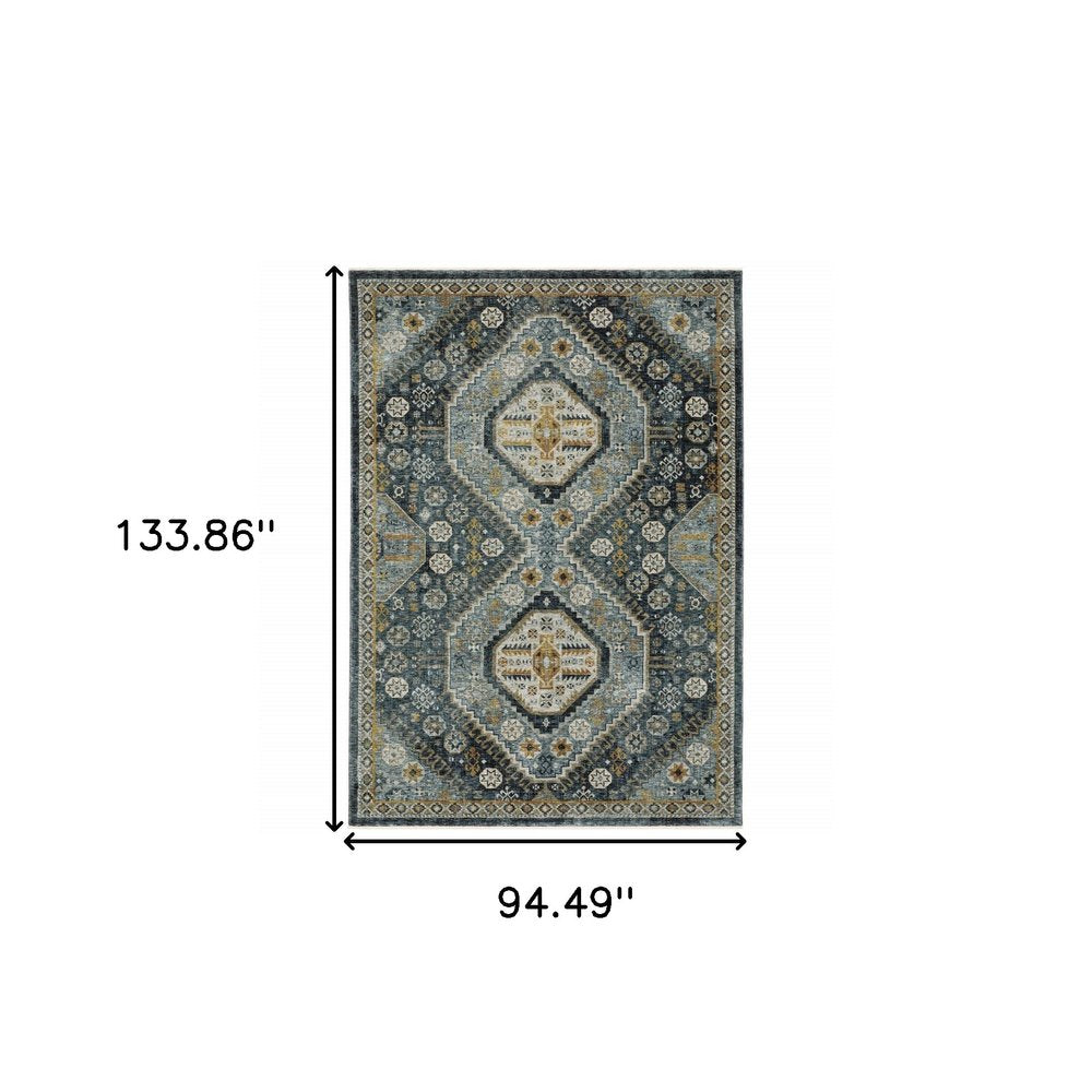 8' X 11' Blue And Gold Oriental Area Rug With Fringe
