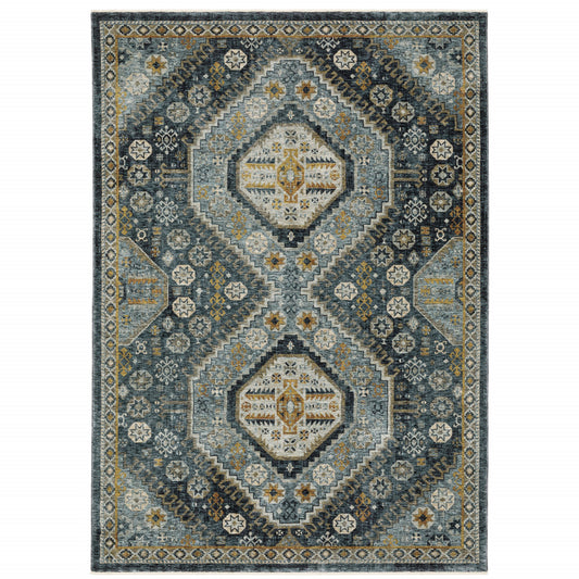 10' X 13' Blue Gold Ivory And Navy Oriental Power Loom Stain Resistant Area Rug With Fringe