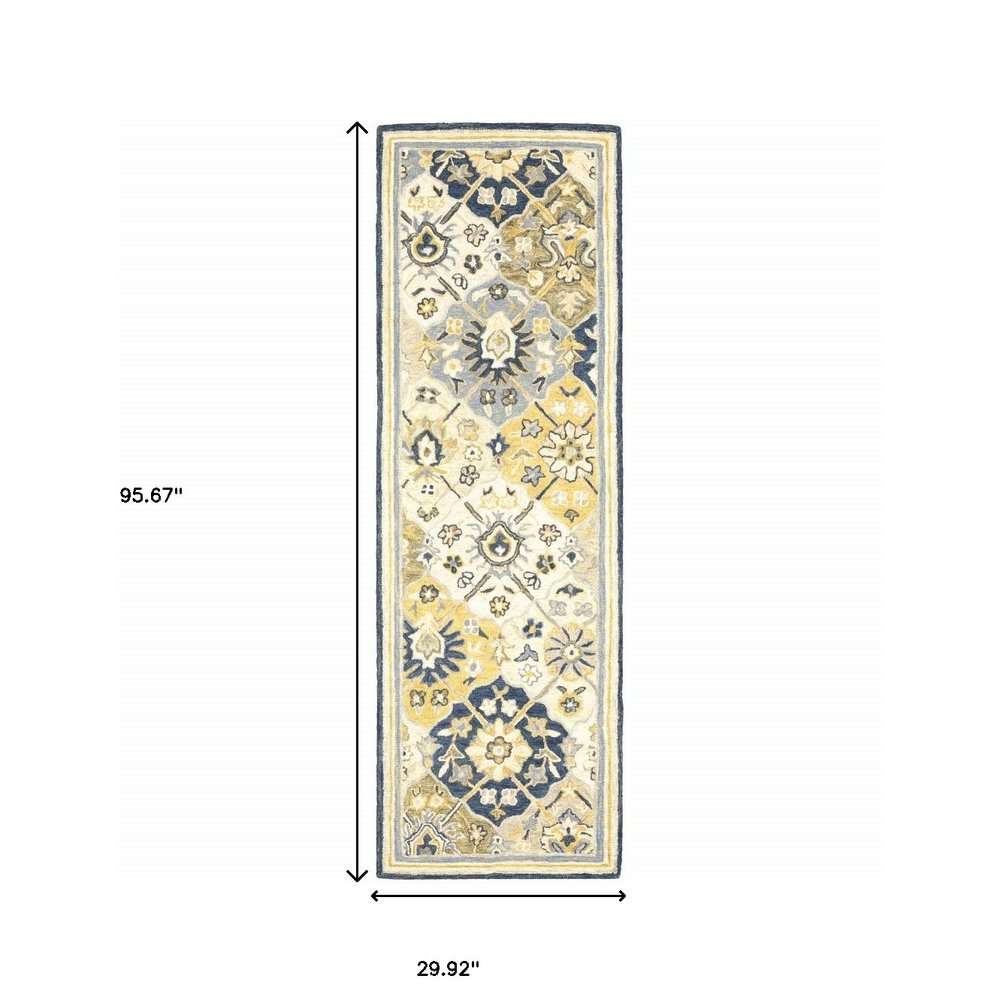 8' Blue And Gold Wool Geometric Hand Tufted Distressed Runner Rug