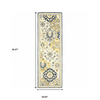 8' Blue And Gold Wool Geometric Hand Tufted Distressed Runner Rug