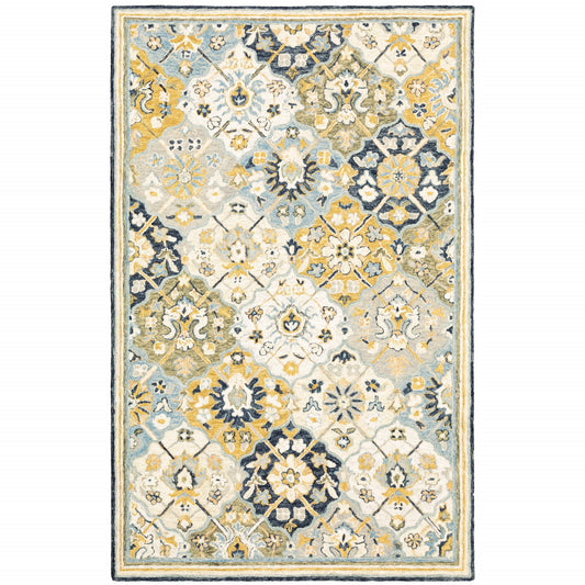 5' X 8' Blue Green Gold Navy And Ivory Geometric Tufted Handmade Stain Resistant Area Rug