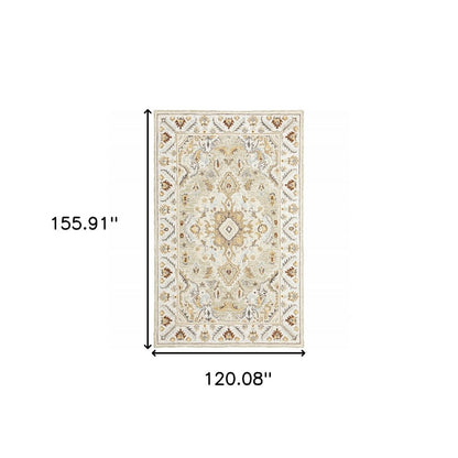 10' X 13' Ivory Beige Gold And Muted Grey Oriental Tufted Handmade Stain Resistant Area Rug